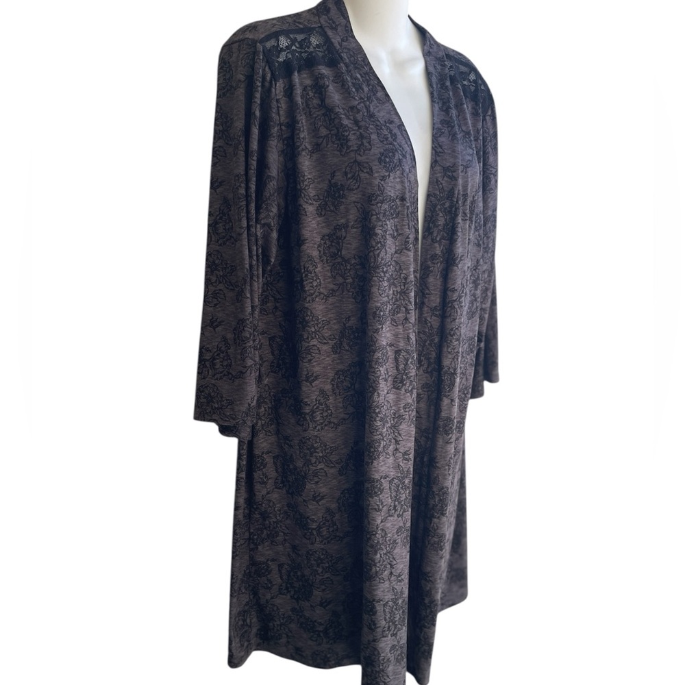 Tahari Grey Black Floral Mid Length Ultra Soft Robe Woman's Med Missing Tie